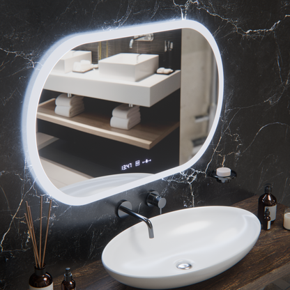 Oválné LED zrcadlo, 80x50cm, Altera Marcello MotionGlow senzor, odmlžovací systém, hodiny a teploměr, stmívatelná Marcello zrcadla Výchozí název Alessandro Design