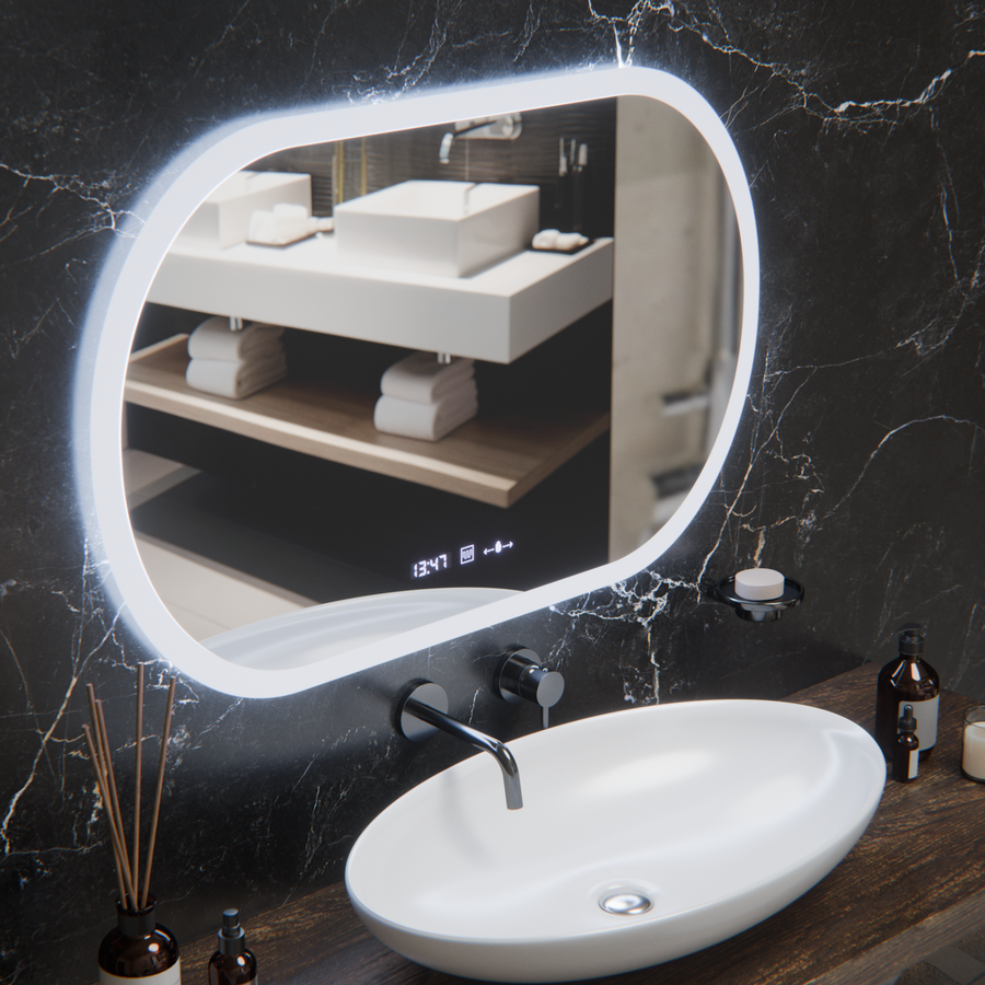 Oválné LED zrcadlo, 80x50cm, Altera Marcello MotionGlow senzor, odmlžovací systém, hodiny a teploměr, stmívatelná Marcello zrcadla Výchozí název Alessandro Design