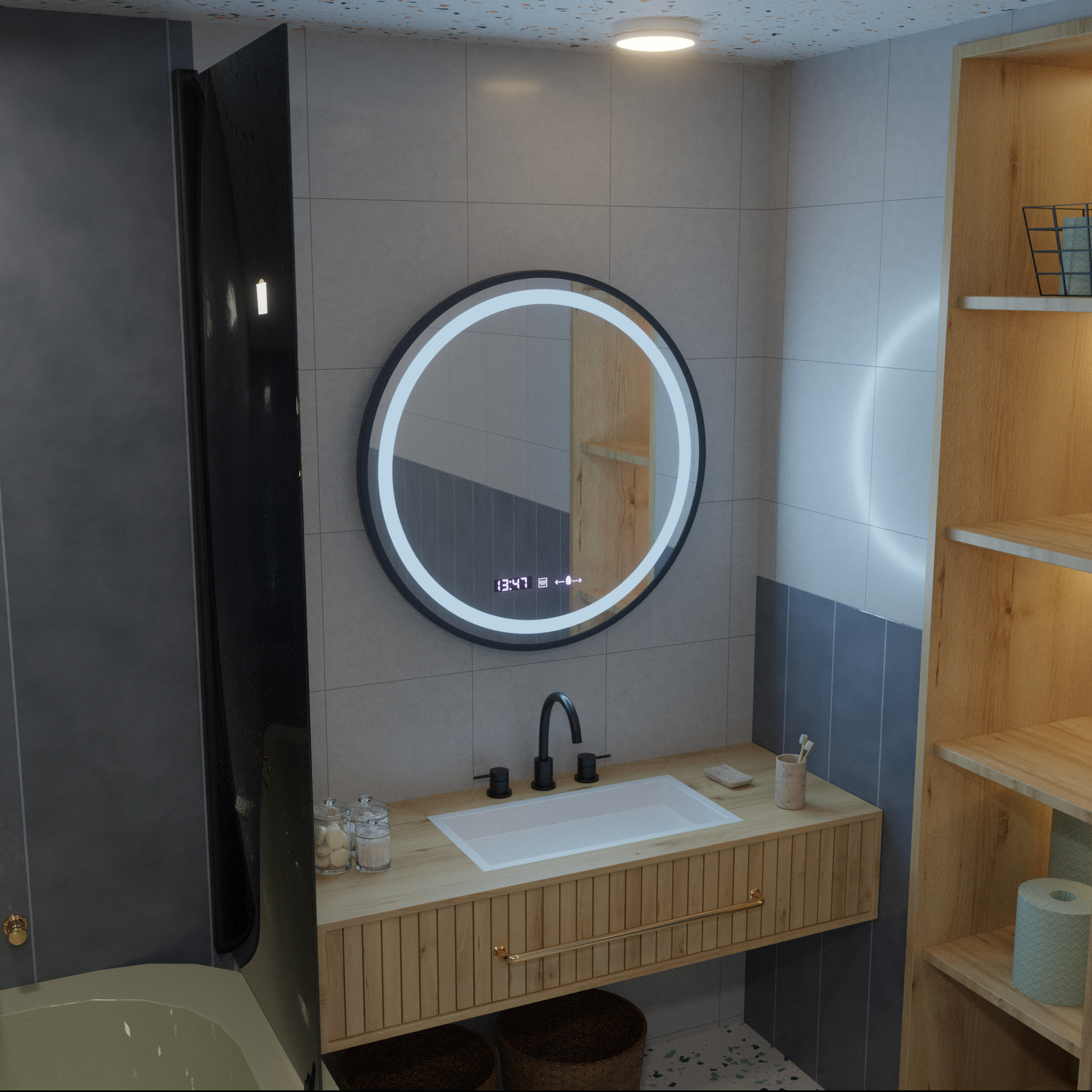 LED kulaté zrcadlo, 100 cm, Celeste Majesté Noir MotionGlow Marcello, systém odmlžování, hodiny a teploměr, stmívatelná zrcátka Marcello Výchozí název Alessandro Design