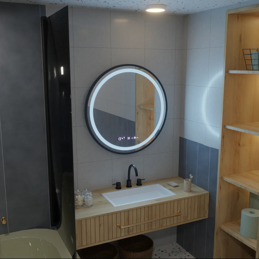 LED kulaté zrcadlo, 60 cm, Celeste Majeste Noir Eleve MotionGlow Marcello, systém odmlžování, hodiny a teploměr, stmívatelná zrcátka Marcello Výchozí název Alessandro Design