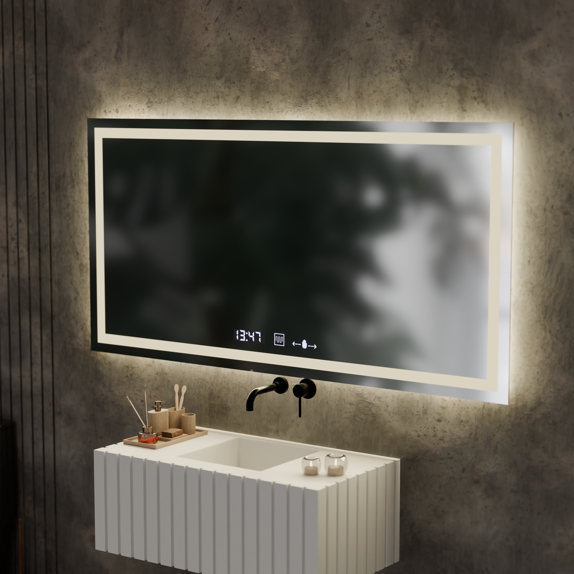 Obdélníkové LED zrcadlo, 120x60cm, Verite MotionGlow Marcello, systém odmlžování, hodiny a teploměr, stmívatelná zrcátka Marcello Výchozí název Alessandro Design