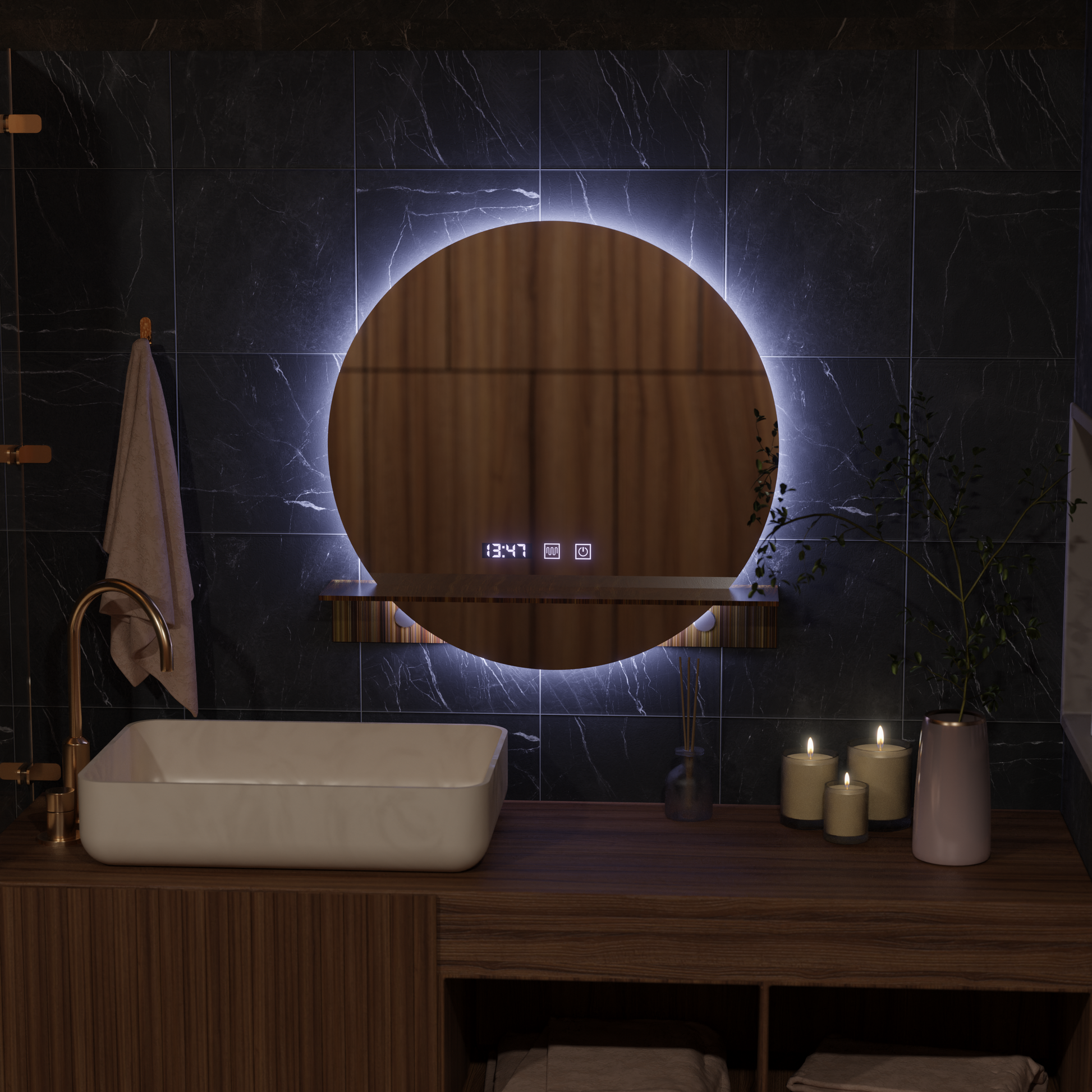 Zrcadlo LED Touch Alfred Systém odmlžování, hodiny a teplota 60x60 cm S integrovanou podporou Zrcadla Korman S Výchozí název Alessandro Design