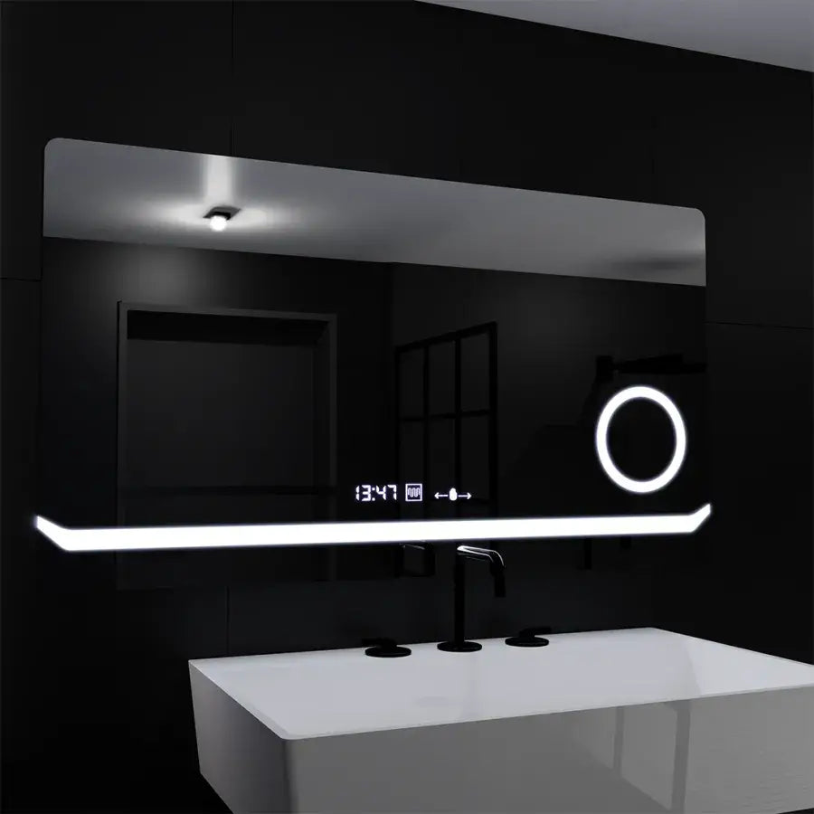 Obdélníkové LED zrcadlo, 80x60cm, Definition MotionGlow Marcello, Systém odmlžování, Hodiny & Teploměr, Kosmetická lupa, Stmívatelná zrcátka Marcello Výchozí název Alessandro Design