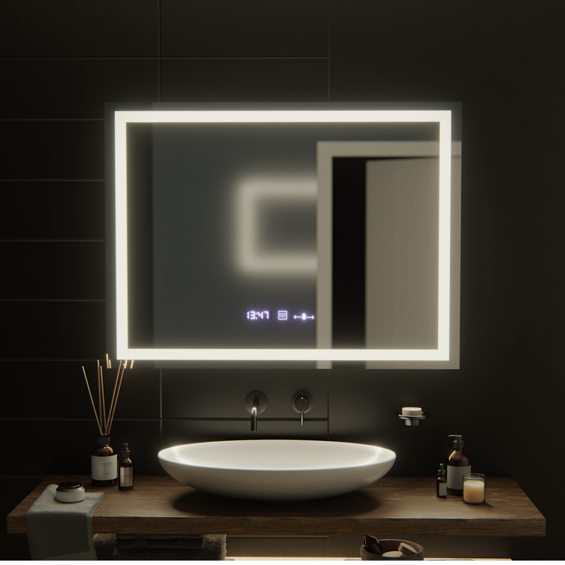 Obdélníkové zrcadlo LED, 100 x 75 cm, Verite MotionGlow Marcello, systém odmlžování, hodiny a teploměr, stmívatelná zrcadla Marcello Výchozí název Alessandro Design
