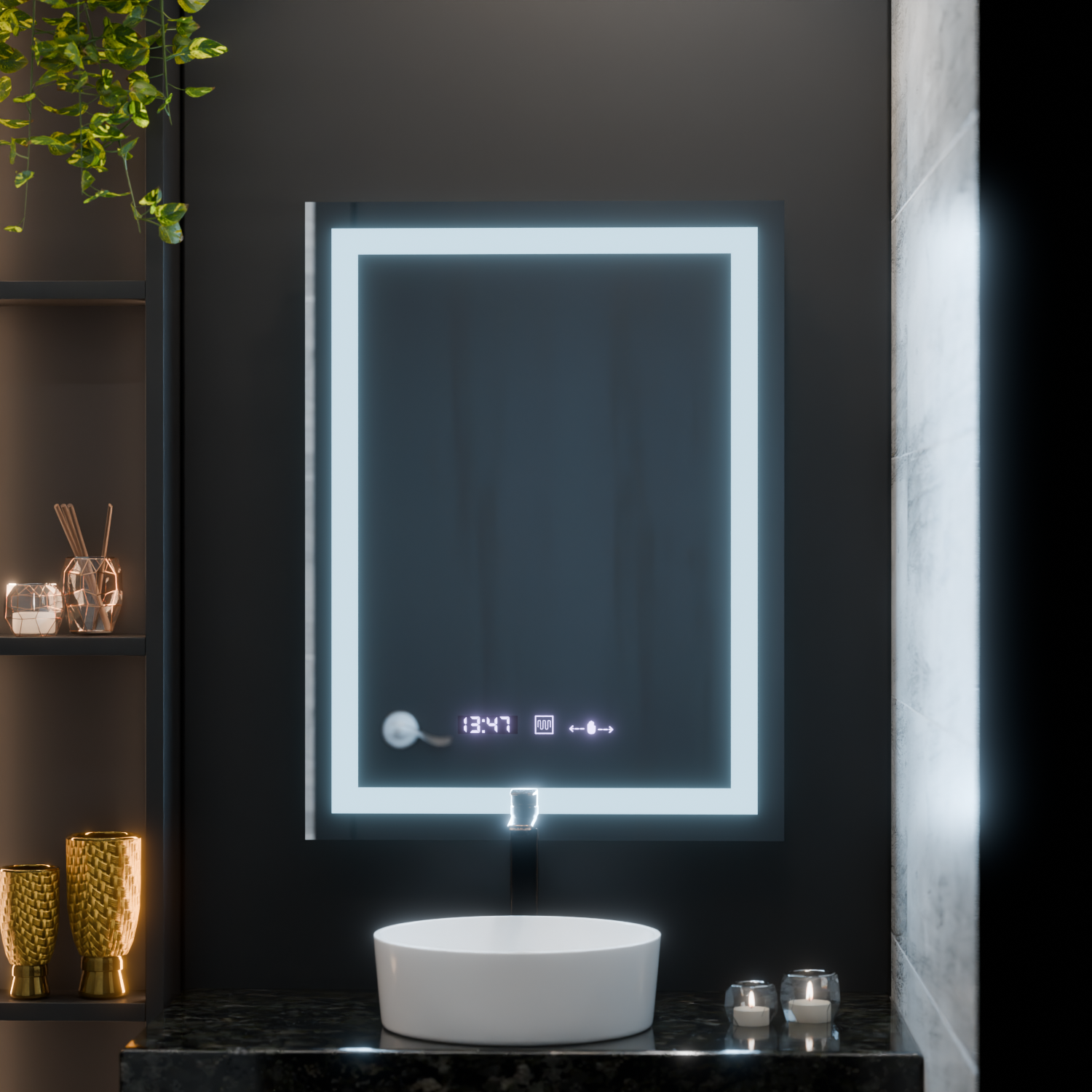 Obdélníkové LED zrcadlo, 75x90cm, Verite MotionGlow Marcello, Demister System, Hodiny a teploměr, Stmívatelná zrcátka Marcello Výchozí název Alessandro Design