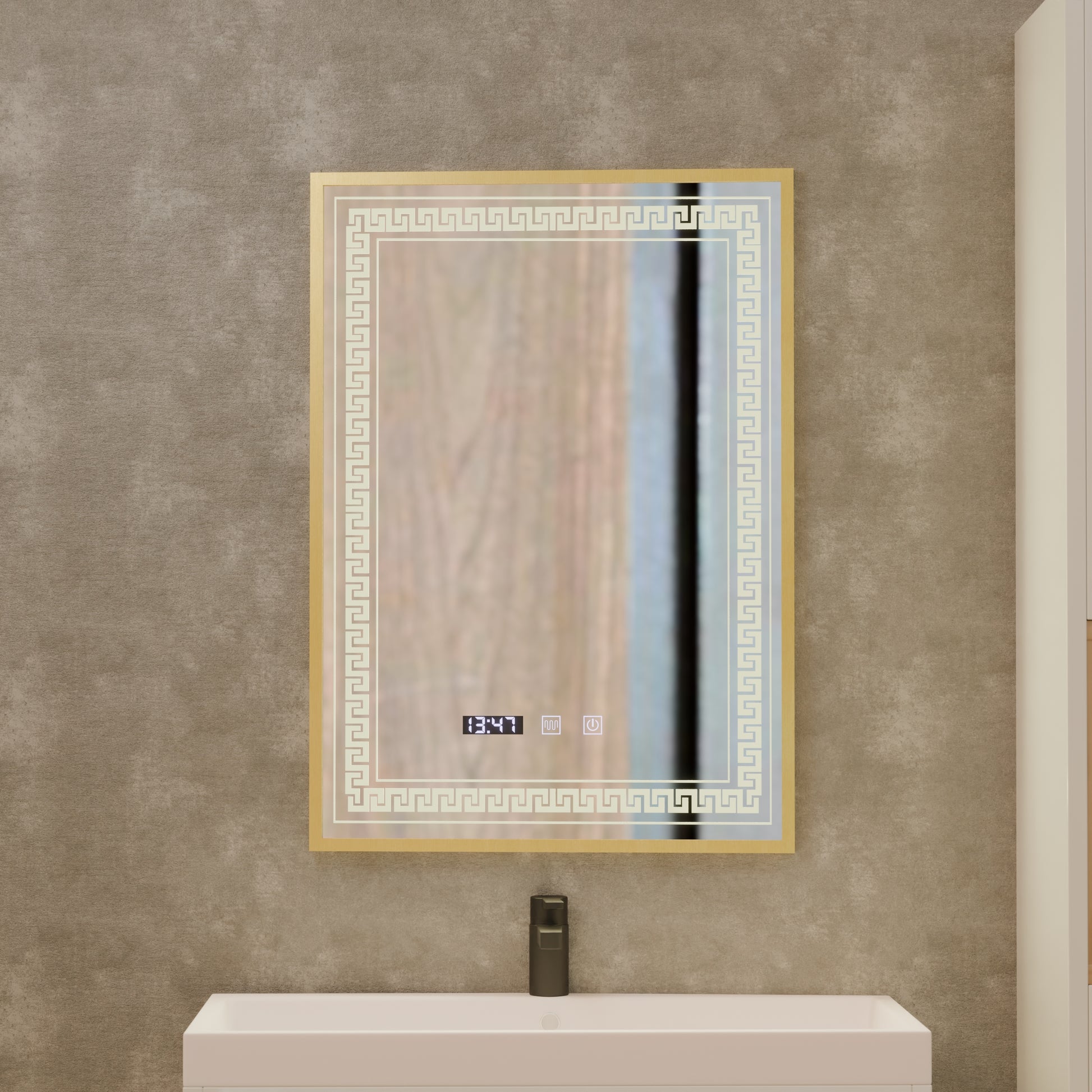 Zrcadlo LED Touch Bruno Demister System, hodiny a teplota 60x80 cm Rám z kartáčovaného zlata, S84/60X80 Zrcadla Korman S Výchozí název Alessandro Design
