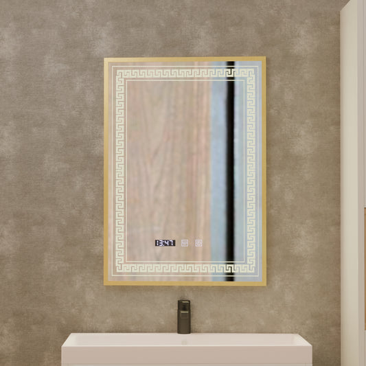 Zrcadlo LED Touch Bruno Demister System, hodiny a teplota 60x80 cm Rám z kartáčovaného zlata, S84/60X80 Zrcadla Korman S Výchozí název Alessandro Design