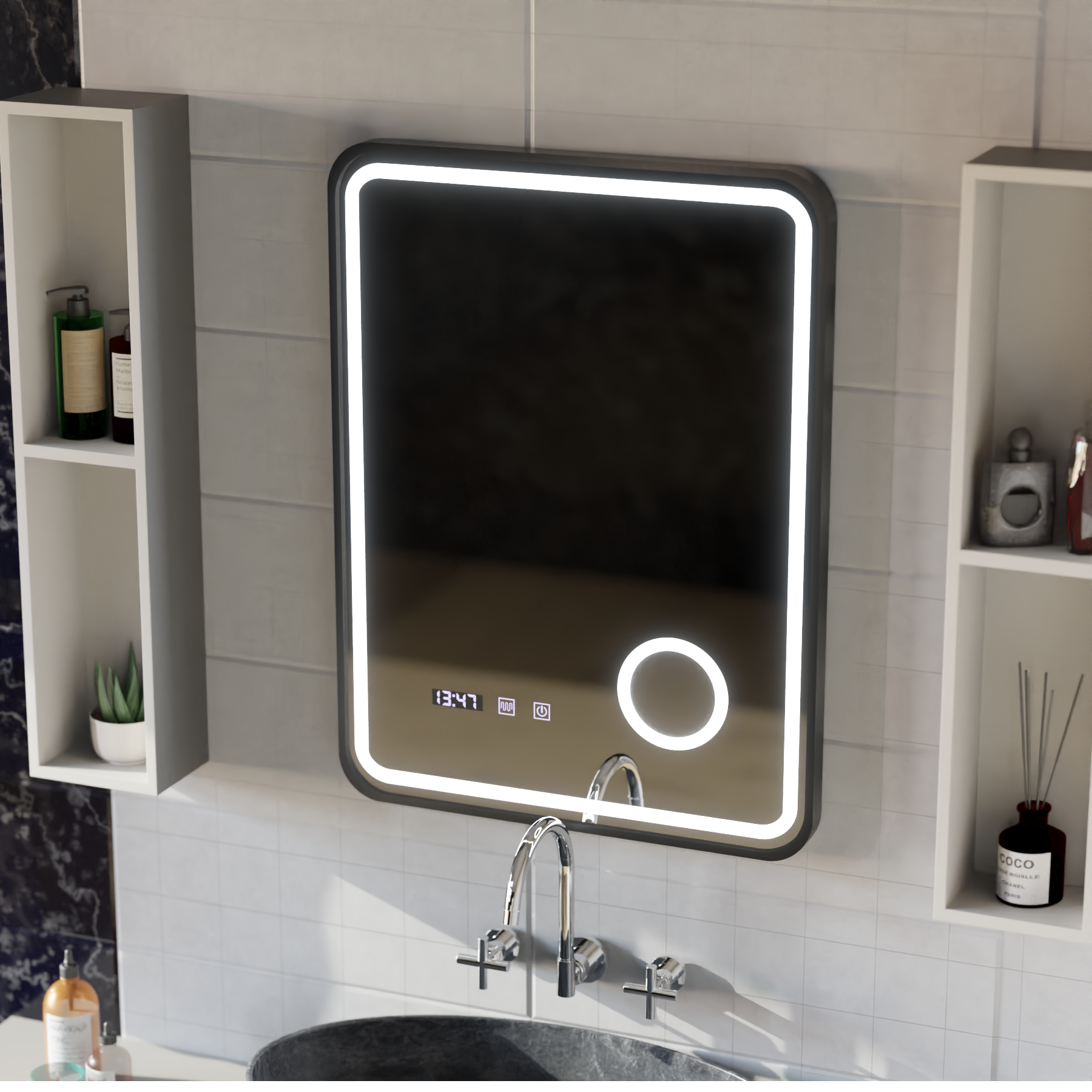 Ulrich LED Touch Mirror De-fogging System, Clock and Temperature 75x90 cm Černý rám Kartáčovaná kosmetická lupa Zrcadla Korman S Výchozí název Alessandro Design