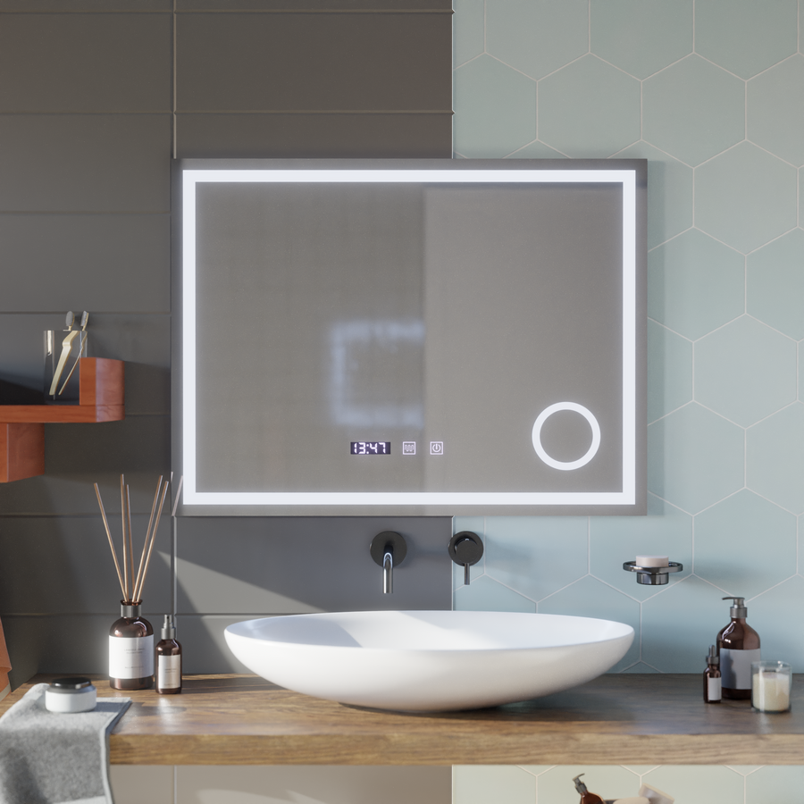 LED dotykové zrcátko NIVERA odmlžovací systém, hodiny a teplota 80x60 cm Kosmetická lupa Zrcadla Korman S Výchozí název Alessandro Design