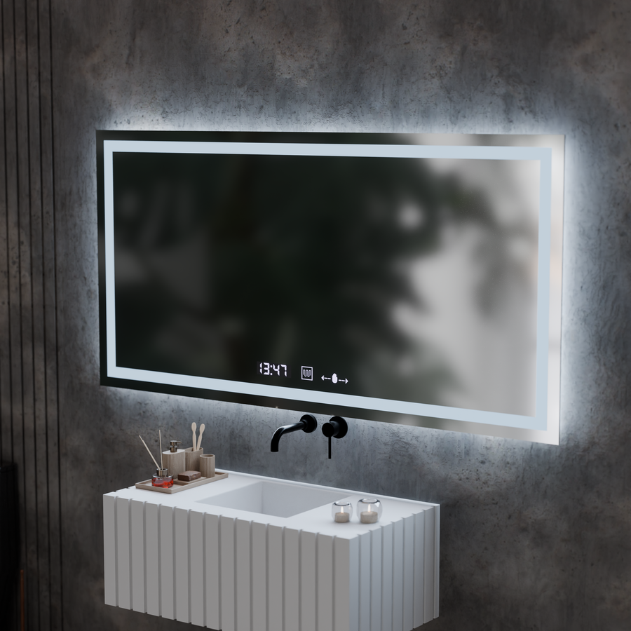 Obdélníkové LED zrcadlo, 120x60cm, Verite MotionGlow Marcello, systém odmlžování, hodiny a teploměr, stmívatelná zrcátka Marcello Výchozí název Alessandro Design