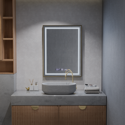 Obdélníkové LED zrcadlo, 60x80 cm, Verite Royale Gold MotionGlow Marcello, systém odmlžování, hodiny a teploměr, stmívatelná zrcátka Marcello Výchozí název Alessandro Design