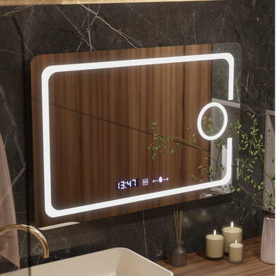 Obdélníkové LED zrcadlo, 120x80cm, Eclat MotionGlow Marcello, Demister System, Hodiny & Teploměr, Kosmetická lupa, Stmívatelné