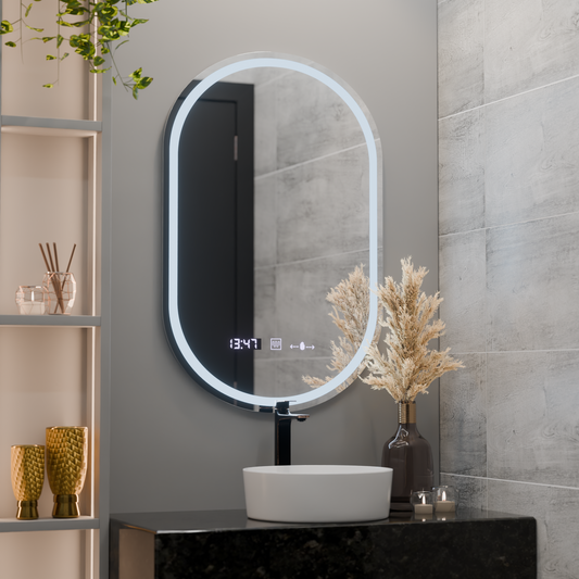 Oválné LED zrcadlo, 50x80cm, Eminence MotionGlow Marcello, Systém odmlžování, Hodiny & Teploměr, Stmívatelná zrcátka Marcello Výchozí název Alessandro Design