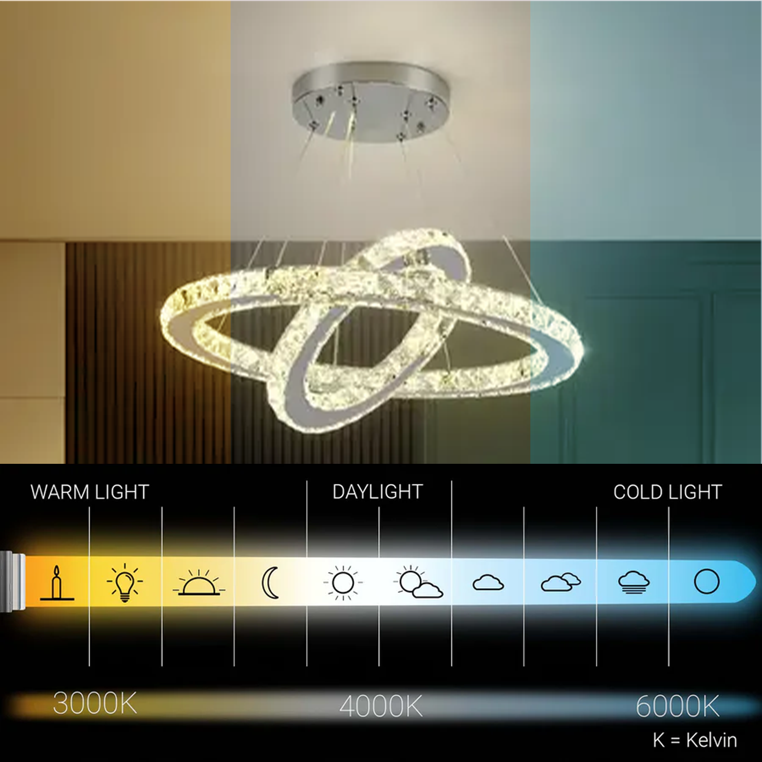 LED lustr s dálkovým ovládáním a krystalem PRISM LUMINIS 58W, 2 kruhy, studené/teplé/neutrální světlo, stmívatelné, chrom a bílá, nastavitelná výška LED lustry s dálkovým ovládáním Výchozí název Alessandro Design