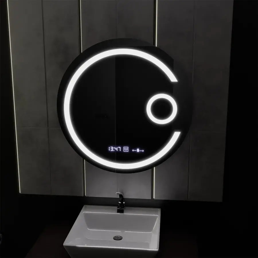 LED kulaté zrcadlo, 60 cm, Visio MotionGlow Marcello, systém odmlžování, hodiny a teploměr, kosmetická lupa, stmívatelná zrcátka Marcello Výchozí název Alessandro Design