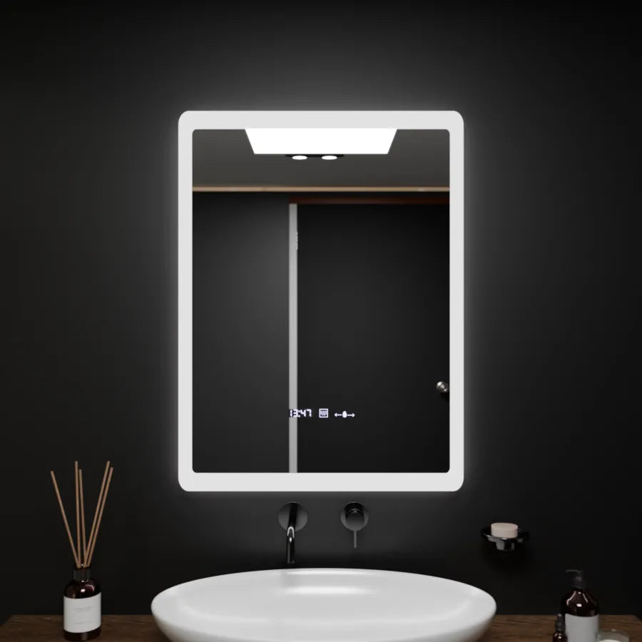 Obdélníkové LED zrcadlo, 60x80cm, senzor ELANCEE MotionGlow Marcello, systém odmlžování, hodiny a teploměr, stmívatelná zrcátka Marcello Výchozí název Alessandro Design