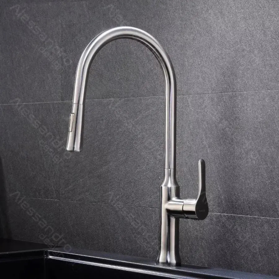 Kuchyňská baterie s výsuvnou sprchou, SUS304 Nerezová ocel, satén, CF023 Kuchyňské baterie Výchozí název Alessandro Design
