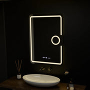 Obdélníkové LED zrcadlo, 50x70 cm, Eclat MotionGlow Marcello, systém odmlžování, hodiny a teploměr, kosmetická lupa, stmívatelná Marcello zrcadla Výchozí název Alessandro Design