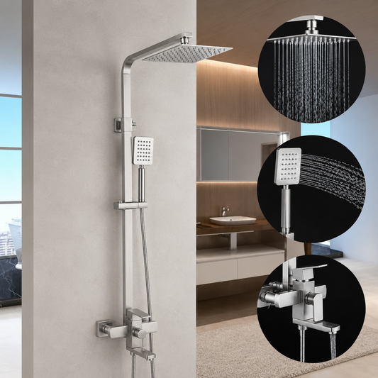 SET Sprchový sloup s baterií, Nerezová ocel, čtvercový para, dešťový efekt, 3 funkce, montáž na stěnu, Satin, Příslušenství v ceně, LY005 Baterie a sprchové sloupy Výchozí název Alessandro Design