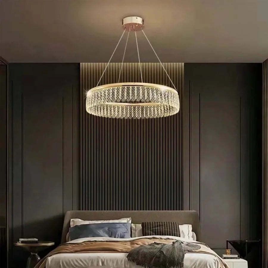 LED lustr s dálkovým ovládáním Zareef 80W, zlatý křišťálový lustr Výchozí název Alessandro Design