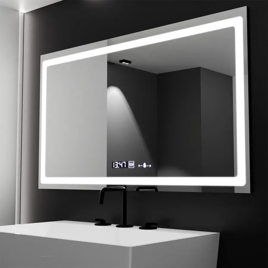 Obdélníkové LED zrcadlo, 120X70cm, Radiant MotionGlow Sensor Marcello, Systém odmlžování, Hodiny & Teploměr, Stmívatelné Marcello Zrcadla Výchozí název Alessandro Design