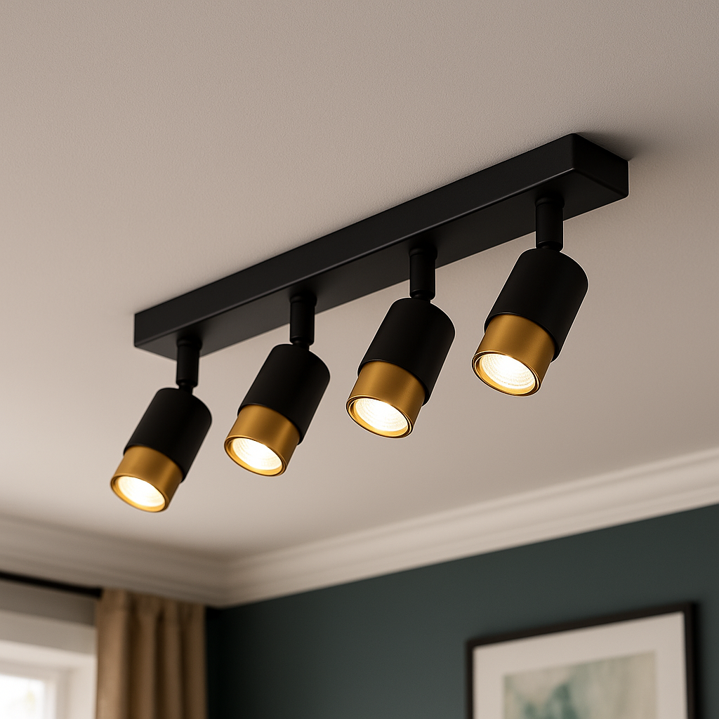 LED projektor se 4xGU10 reflektory, zlaté, kovové a akrylové moderní žárovkové lustry Výchozí název Alessandro Design