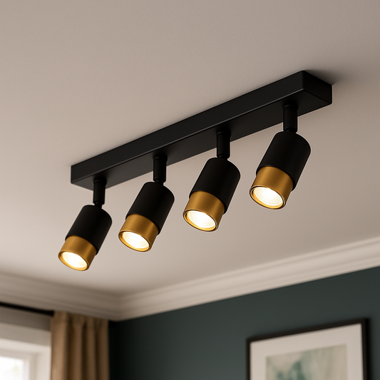 LED projektor se 4xGU10 reflektory, zlaté, kovové a akrylové moderní žárovkové lustry Výchozí název Alessandro Design