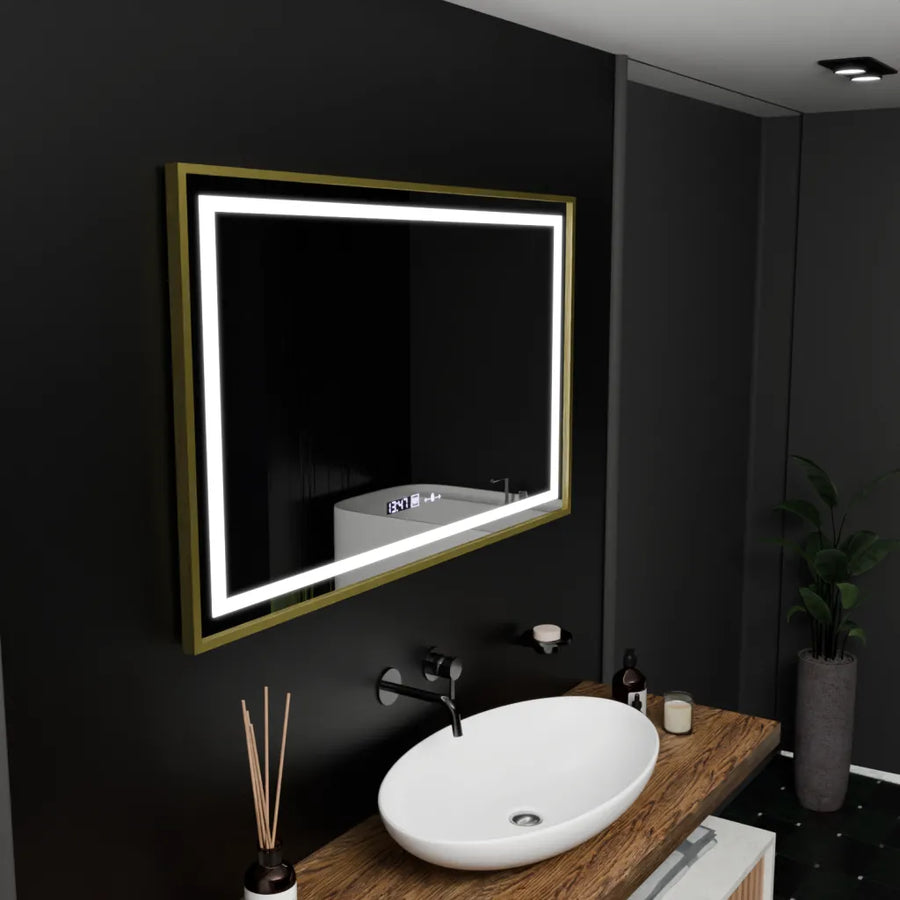 Obdélníkové LED zrcadlo, 100 x 80 cm, Verite Royale Gold Motion Glow Marcello, systém odmlžování, hodiny a teploměr, stmívatelná zrcátka Marcello Výchozí název Alessandro Design