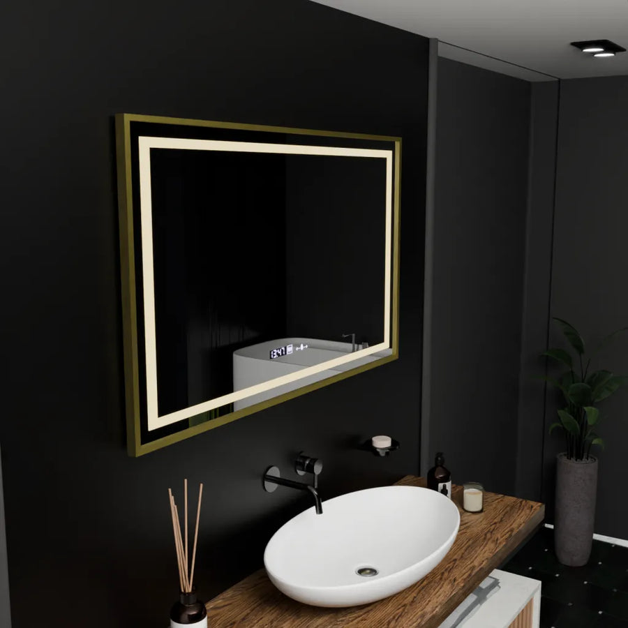 Obdélníkové LED zrcadlo, 100 x 80 cm, Verite Royale Gold Motion Glow Marcello, systém odmlžování, hodiny a teploměr, stmívatelná zrcátka Marcello Výchozí název Alessandro Design