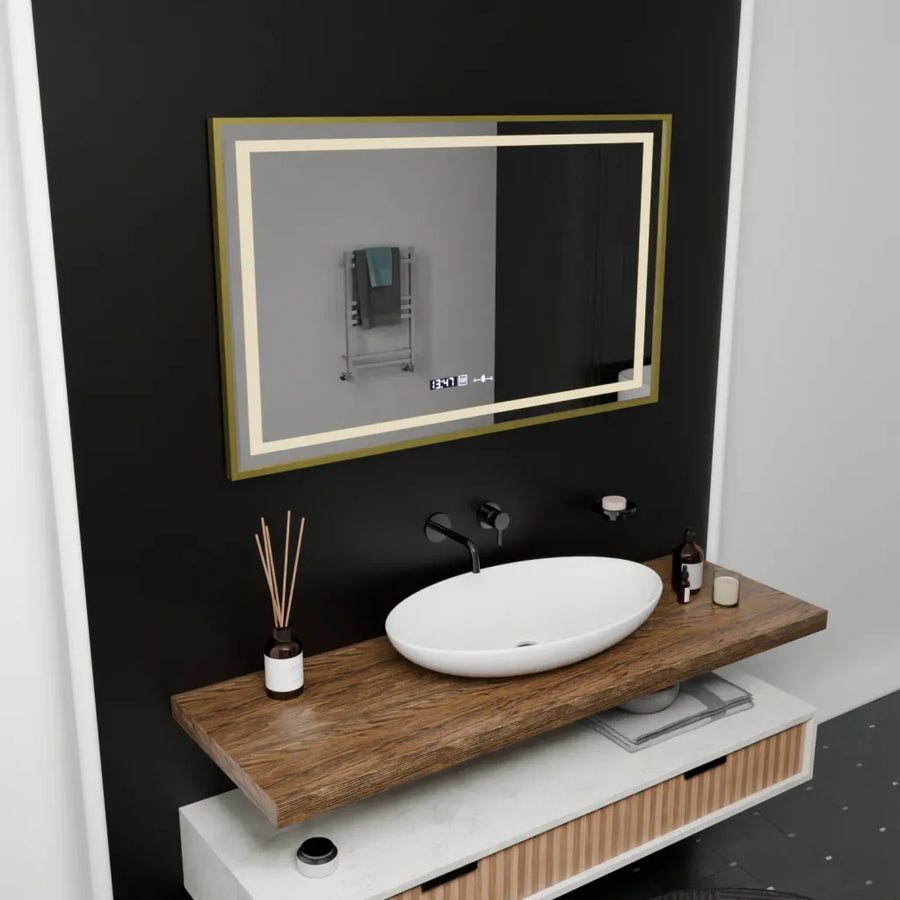 Obdélníkové LED zrcadlo, 100 x 80 cm, Verite Royale Gold Motion Glow Marcello, systém odmlžování, hodiny a teploměr, stmívatelná zrcátka Marcello Výchozí název Alessandro Design