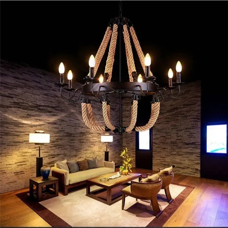 Kruhový lustr, 8xE14, černý, kovový a provázkový Vintage lustr Výchozí název Alessandro Design