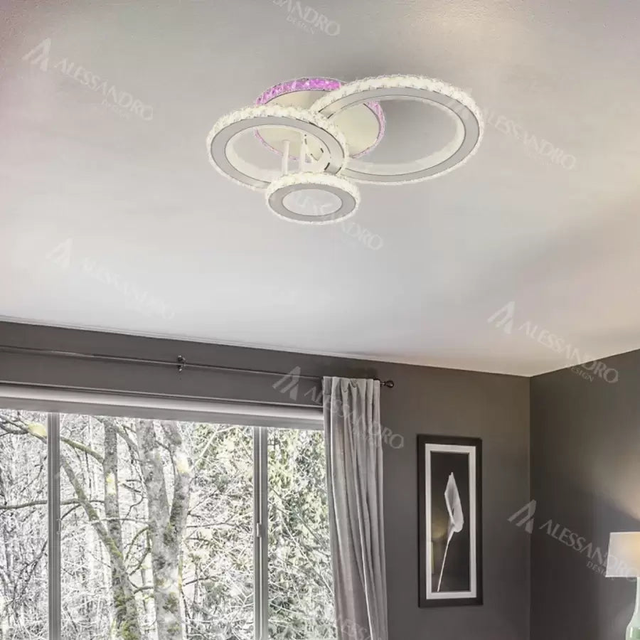 LED lustr s dálkovým ovládáním a krystalem LEOCADIA RGB 134W, 3 kruhy, studené/teplé/neutrální světlo, stmívatelné, bílý křišťálový LED lustr Výchozí název Alessandro Design