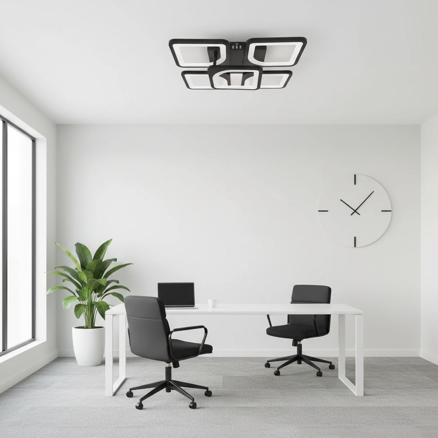 LED lustr s dálkovým ovládáním ZOE 65W, 5 čtverců, studené/teplé/neutrální světlo, stmívatelné, černé LED lustry s dálkovým ovládáním Výchozí název Alessandro Design