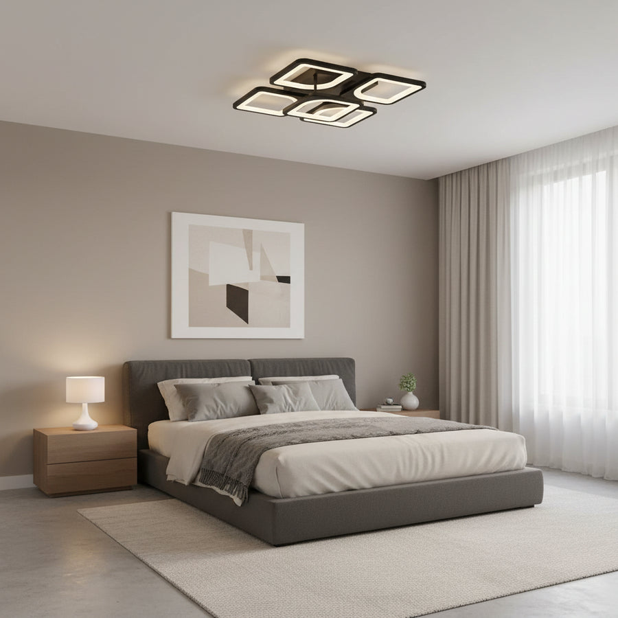 LED lustr s dálkovým ovládáním ZOE 65W, 5 čtverců, studené/teplé/neutrální světlo, stmívatelné, černé LED lustry s dálkovým ovládáním Výchozí název Alessandro Design