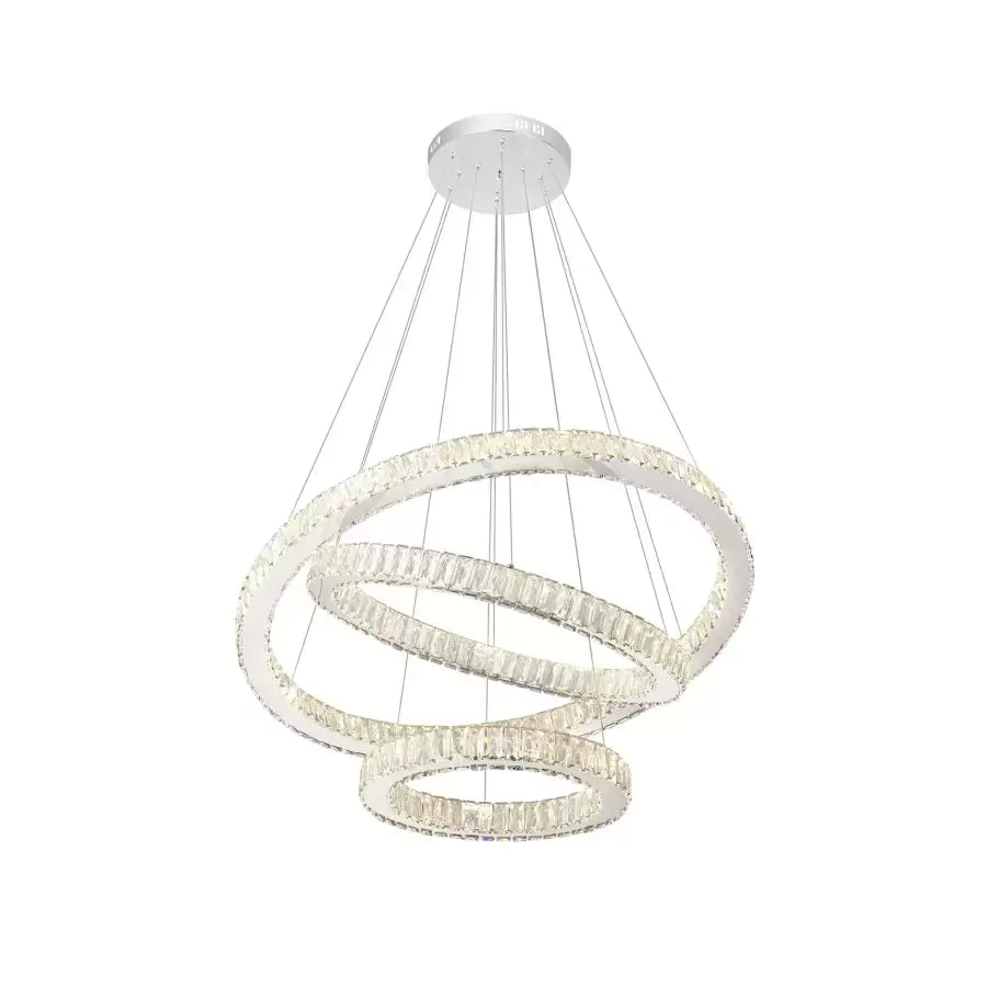 Závěsný LED lustr s dálkovým ovládáním a krystalem CAYDEN 200W, 3 kruhy, studené/teplé/neutrální světlo, stmívatelný, lesklý chrom, nastavitelná výška LED lustr Výchozí název Alessandro Design