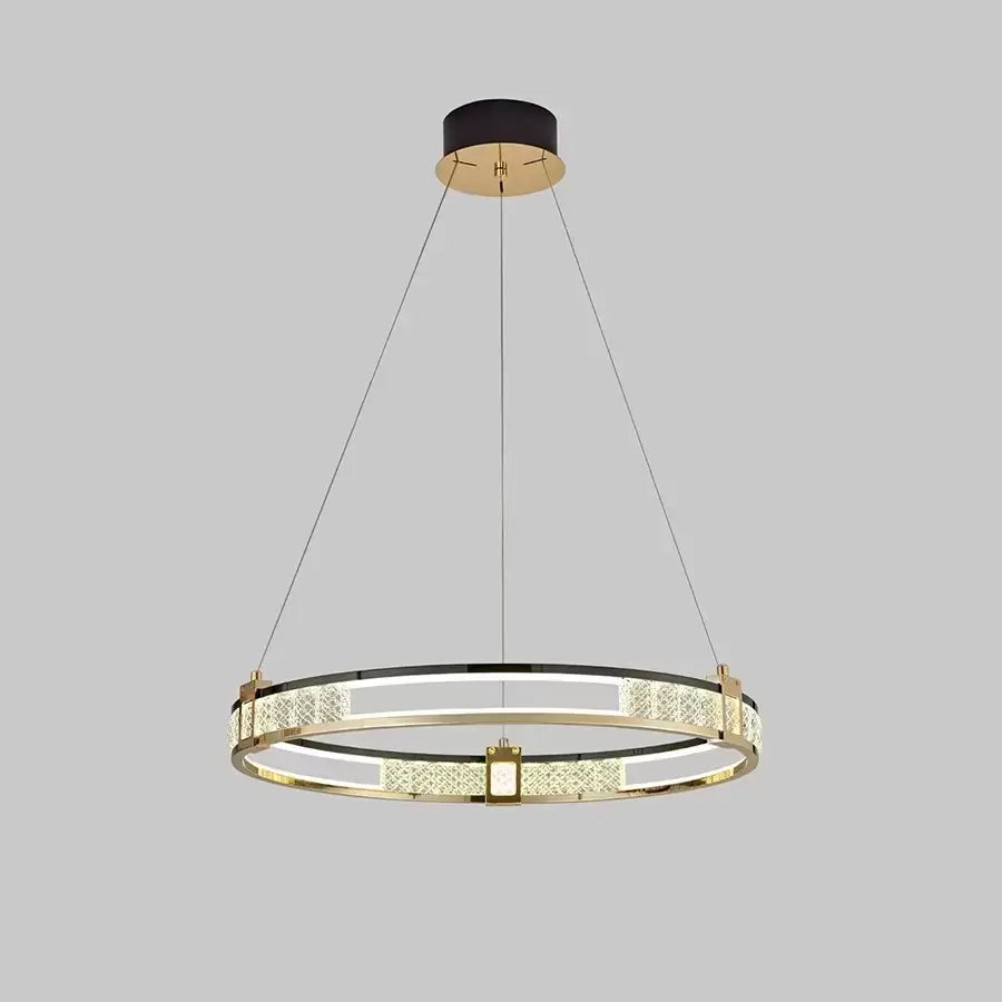 Závěsný LED lustr s dálkovým ovládáním a křišťálovým ROGER 80W, 1 kruh, studené/teplé/neutrální světlo, stmívatelné, lesklé zlaté, výškově nastavitelné křišťálové LED lustry Výchozí název Alessandro Design
