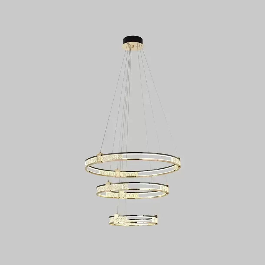 Závěsný LED lustr s dálkovým ovládáním a křišťálovým ROGER 150W, 3 kruhy, studené/teplé/neutrální světlo, stmívatelné, lesklé zlaté, výškově nastavitelné křišťálové LED lustry Výchozí název Alessandro Design
