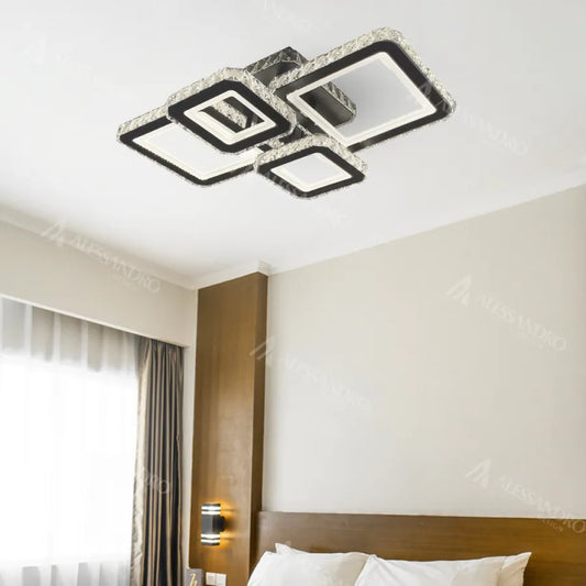 LED lustr s dálkovým ovládáním a krystalem BLAKELY RGB 154W, 4 čtverce, studené/teplé/neutrální světlo, stmívatelné, černé křišťálové LED lustry Výchozí název Alessandro Design