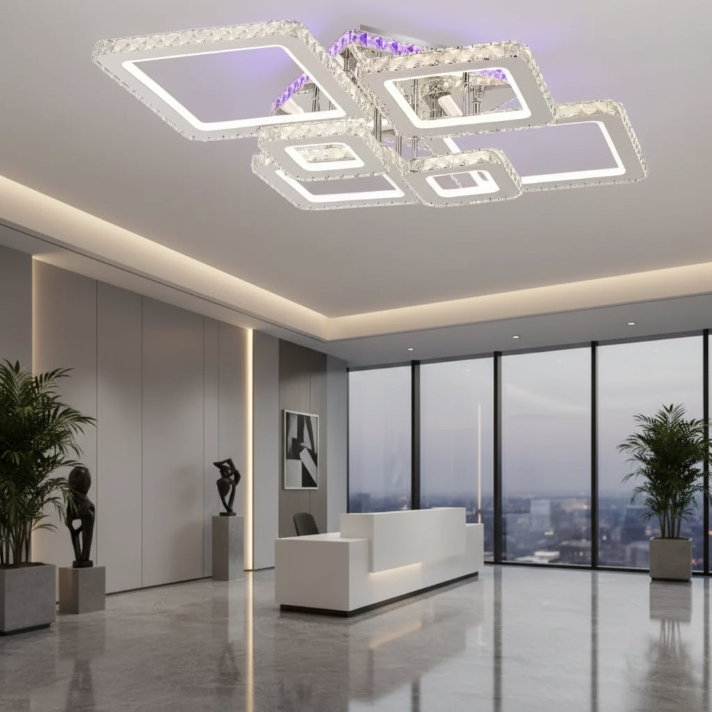 LED lustr s dálkovým ovládáním a krystalem NOVA RHOMBA RGB 168W, 6 čtverců, studené/teplé/neutrální světlo, stmívatelné, lesklý chrom LED lustry a krystaly Výchozí název Alessandro Design