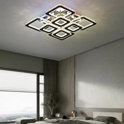 LED lustr s dálkovým ovládáním a krystalem QUADRIA SUPREMO RGB 168W, 8 čtverců, studené/teplé/neutrální světlo, stmívatelný, lesklý chrom