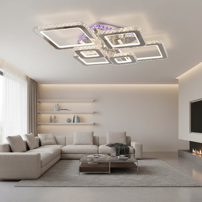 LED lustr s dálkovým ovládáním a krystalem NOVA RHOMBA RGB 168W, 6 čtverců, studené/teplé/neutrální světlo, stmívatelný, lesklý chrom
