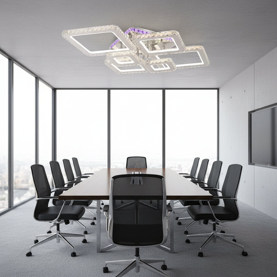 LED lustr s dálkovým ovládáním a krystalem NOVA RHOMBA RGB 168W, 6 čtverců, studené/teplé/neutrální světlo, stmívatelné, lesklý chrom LED lustry a krystaly Výchozí název Alessandro Design