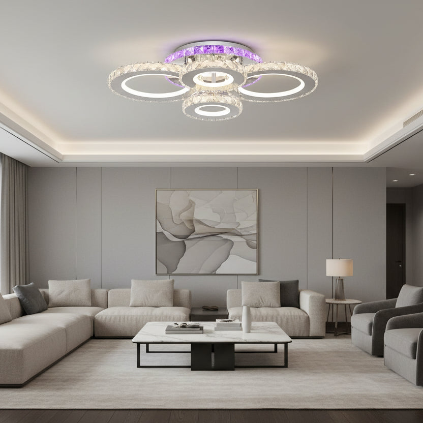 LED lustr s dálkovým ovládáním a krystalem NOVA ROTONDA RGB 82W, 4 kruhy, studené/teplé/neutrální světlo, stmívatelné, Chrome LED lustry a krystaly Výchozí název Alessandro Design