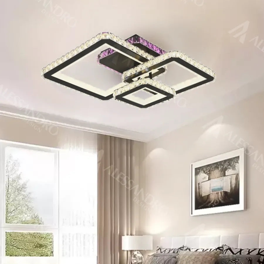 LED lustr s dálkovým ovládáním a krystalem BLAKELY RGB 166W, 3 čtverce, studené/teplé/neutrální světlo, stmívatelné, černé křišťálové LED lustry Výchozí název Alessandro Design