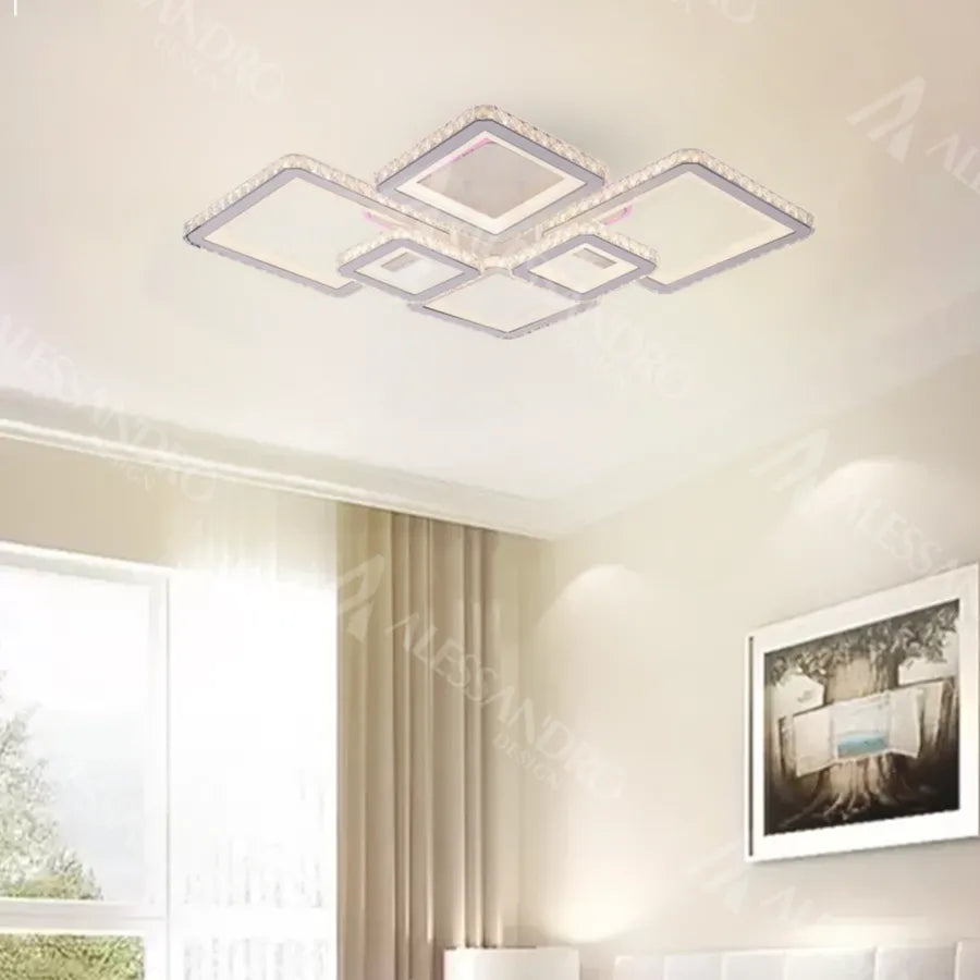 LED lustr s dálkovým ovládáním a krystalem QUADRIS RGB 175W, 6 čtverců, studené/teplé/neutrální světlo, stmívatelné, bílé LED lustry s dálkovým ovládáním Výchozí název Alessandro Design