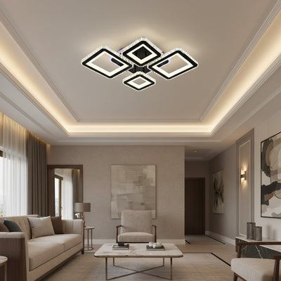 LED lustr s dálkovým ovládáním a krystalem QUADRIS RGB 96W, 4 čtverce, studené/teplé/neutrální světlo, stmívatelný, černý