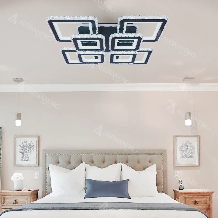 LED lustr s dálkovým ovládáním a krystalem LEILA RGB 176W, 8 čtverců, studené/teplé/neutrální světlo, stmívatelné, černé LED lustry s dálkovým ovládáním Výchozí název Alessandro Design