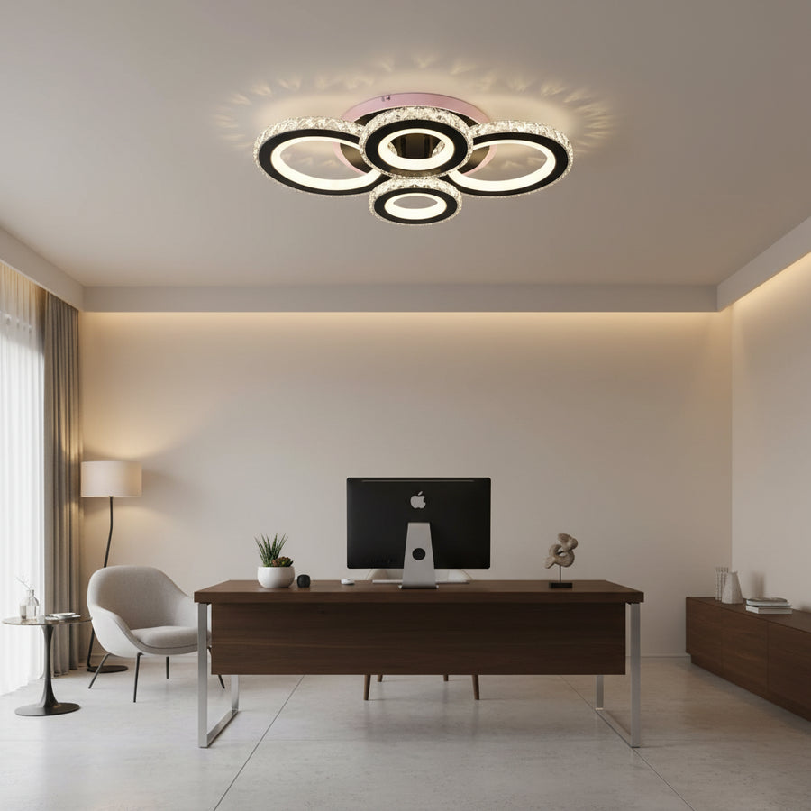 LED lustr s dálkovým ovládáním a krystalem NOVA ROTONDA RGB 82W, 4 kruhy, studené/teplé/neutrální světlo, stmívatelné, černé LED lustry s dálkovým ovládáním Výchozí název Alessandro Design
