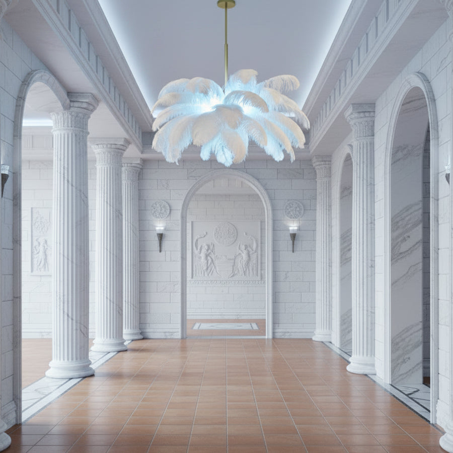 Minoss moderní lustr, 8W, studené světlo 6000K, průměr 75 cm, peří, bílá Moderní lustry Výchozí název Alessandro Design