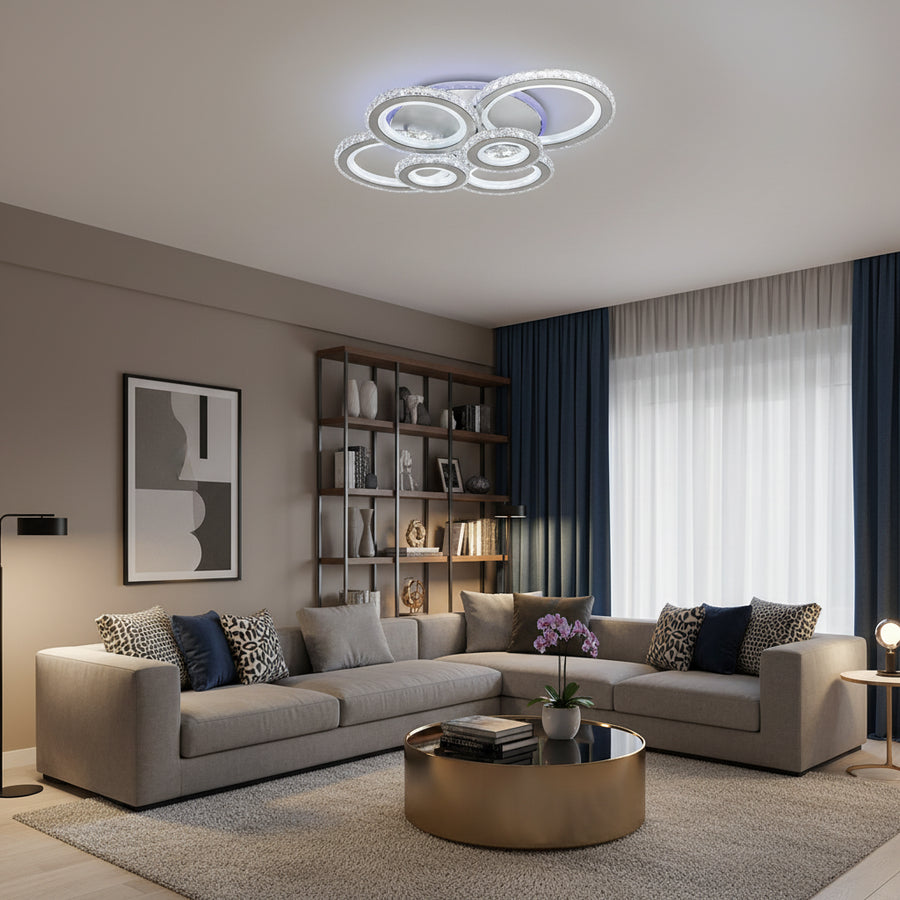 LED lustr s dálkovým ovládáním a krystalem NOVA ROTONDA RGB 145W, 6 kruhů, studené/teplé/neutrální světlo, stmívatelné, bílé křišťálové LED lustry Výchozí název Alessandro Design